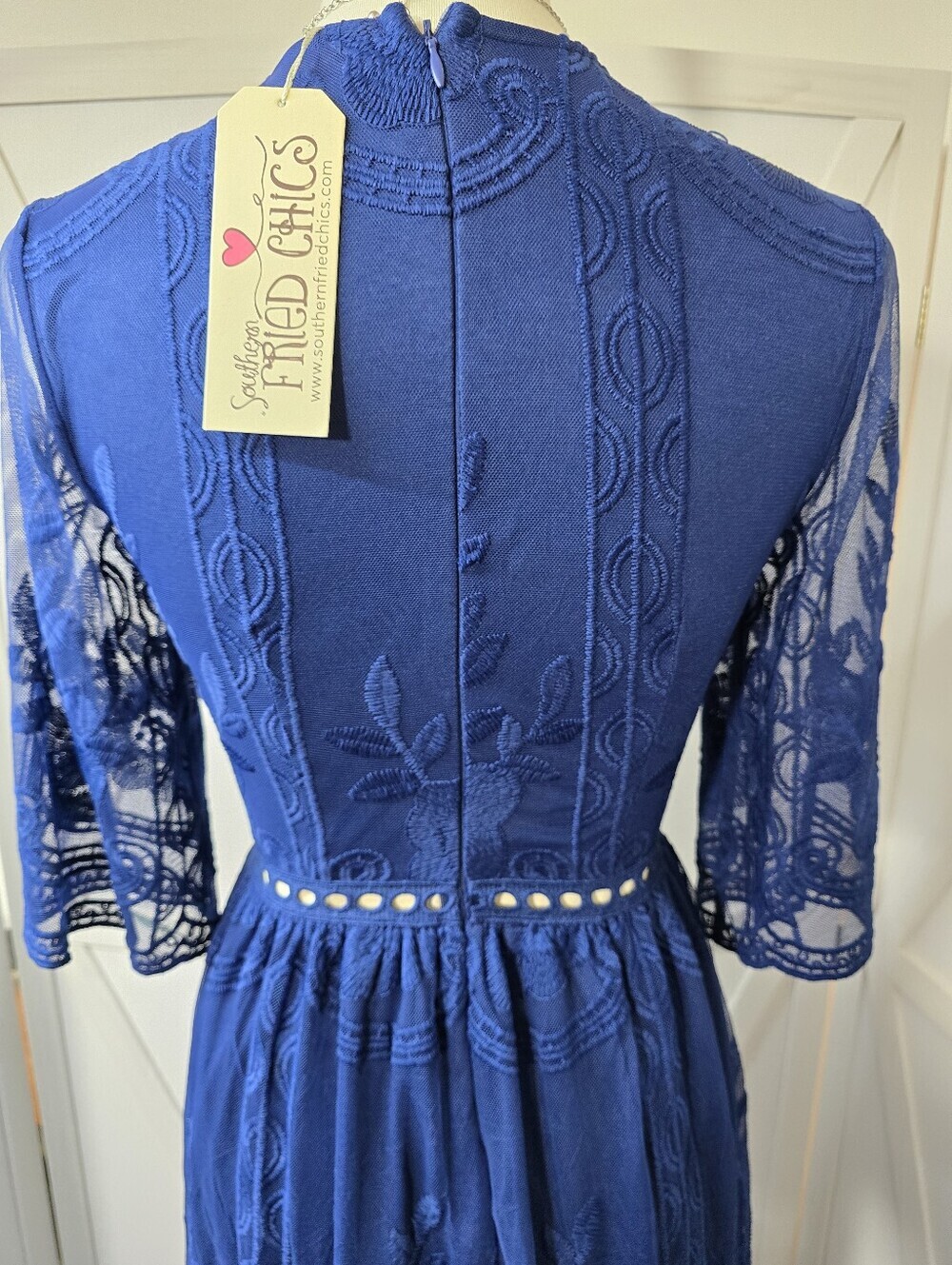 Southern Fried Chics Blue Floral Lace Boho V-Neckline Maxi Dress (NWT) - Picture 7 of 12